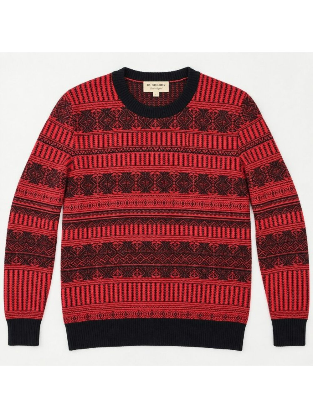Burberry Wool Cashmere Sweater Mens L Red Fair Isle Geometric Jacquard Crewneck